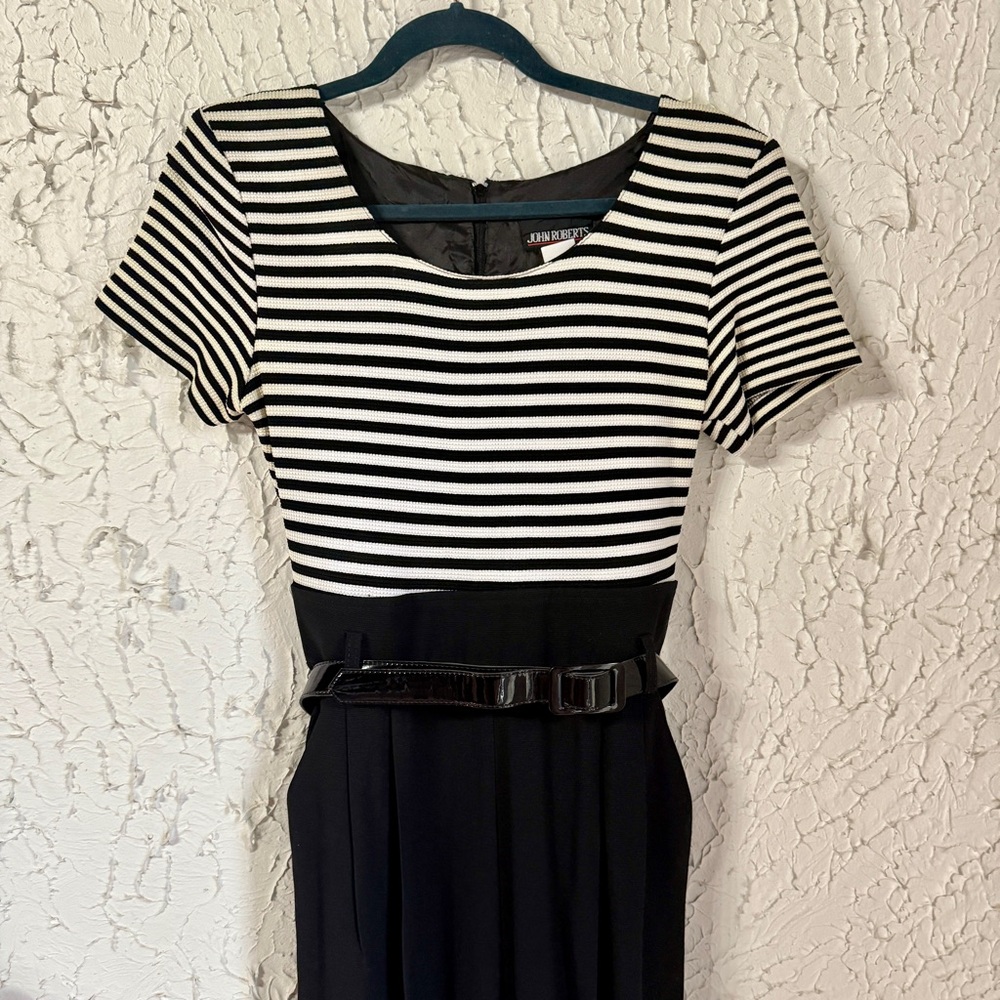Vintage Striped Black and White Belted Jumpsuit